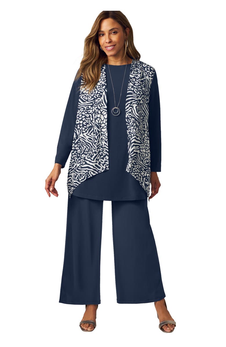 Jessica London Mixed Media Cardigan, Main, color, Navy Mixed Media Animal