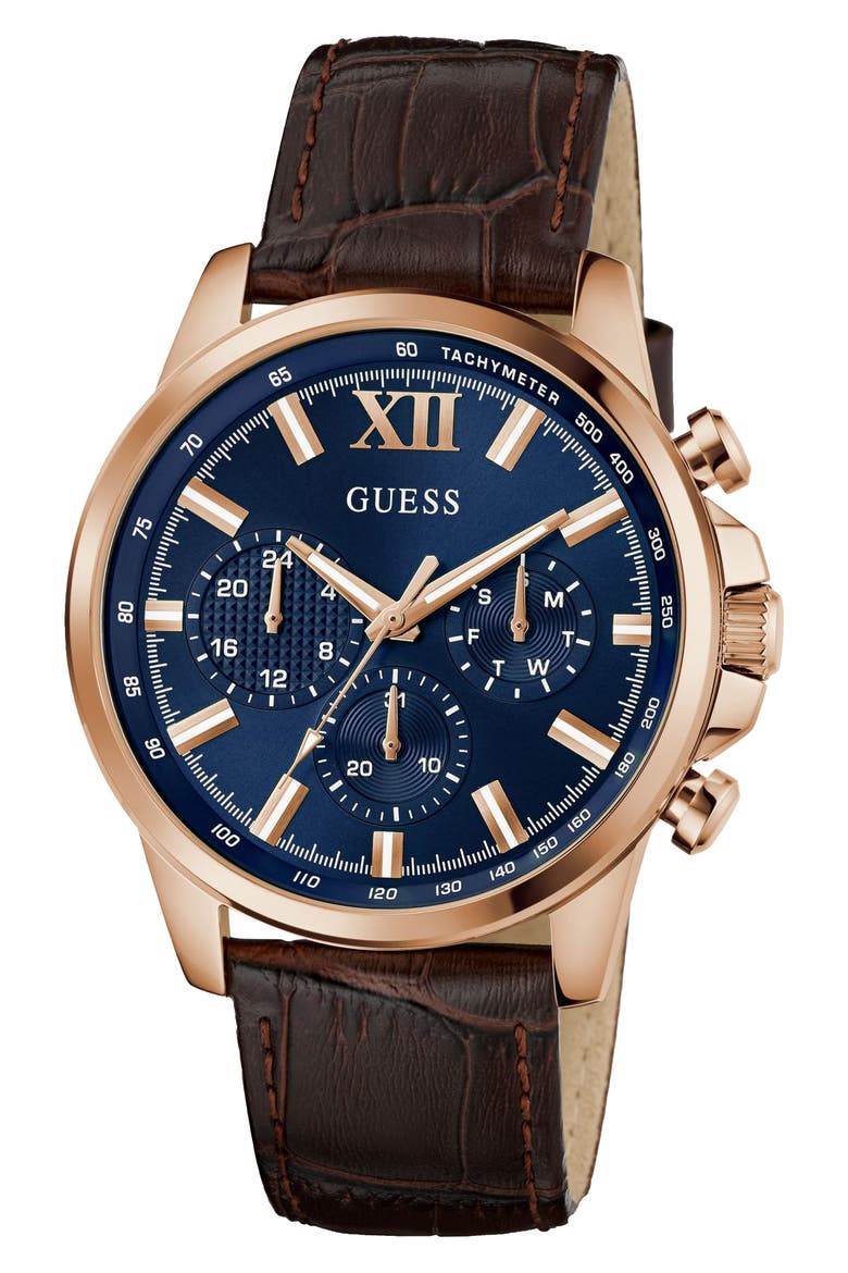 Walker Blue Dial Multifunction Leather Strap Watch, 44mm, Alternate, color, BROWN