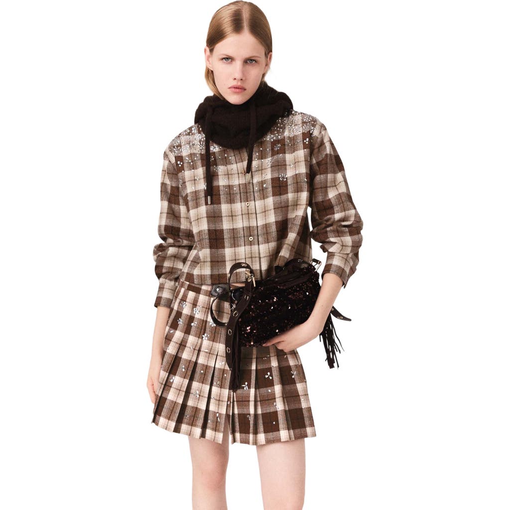 Maje Rhinestone Checked Shirt In Brown