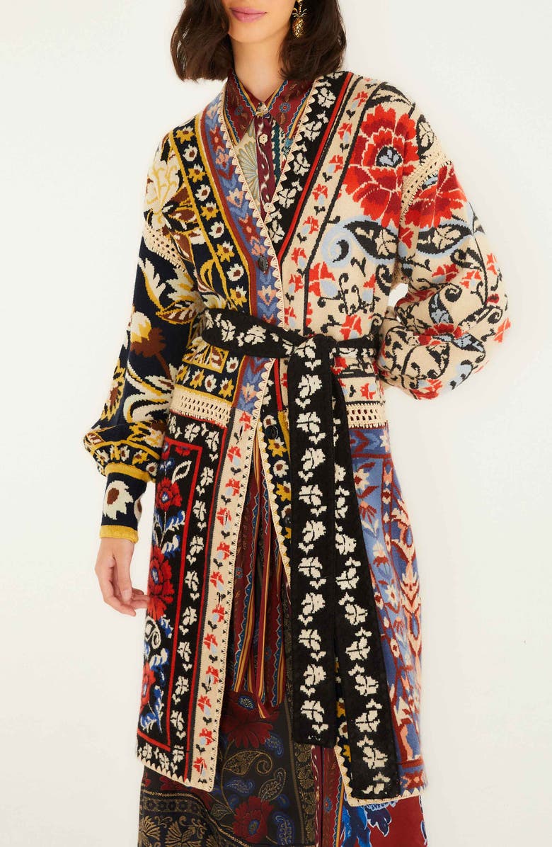 FARM Rio Flower Print Patchwork Belted Cardigan, Main, color,