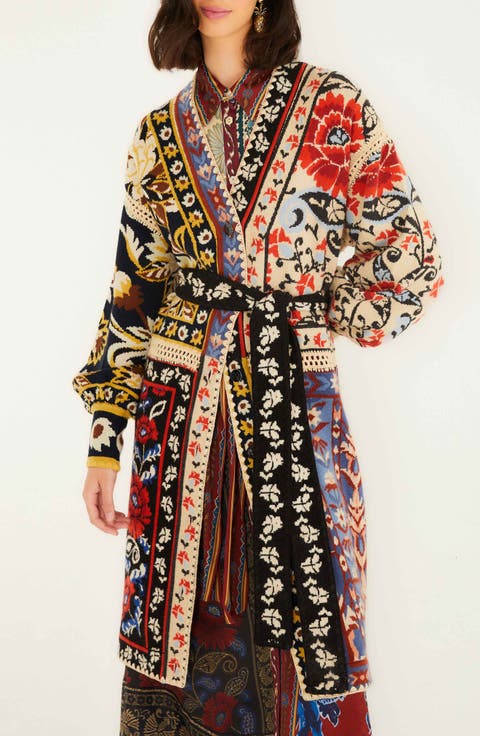 Flower Print Patchwork Belted Cardigan