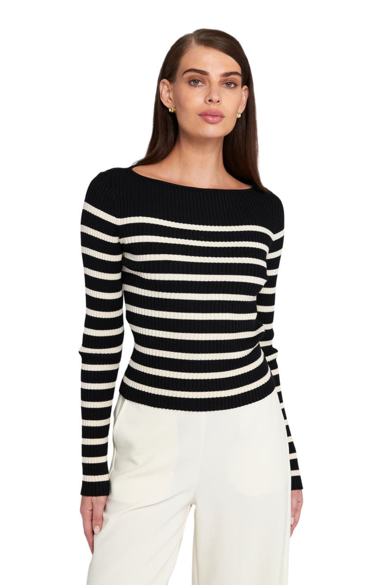 ELLE Collection Fine Gauge Light Weight Striped Sweater, Alternate, color, Black/Cream