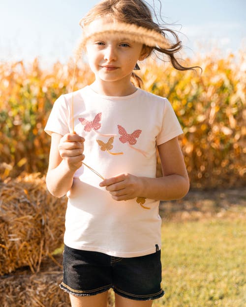 Deux Par Deux Girl's Organic Cotton Top With Applique Pink With Sparkling Butterfly In Pink With Sparkling Butterfly