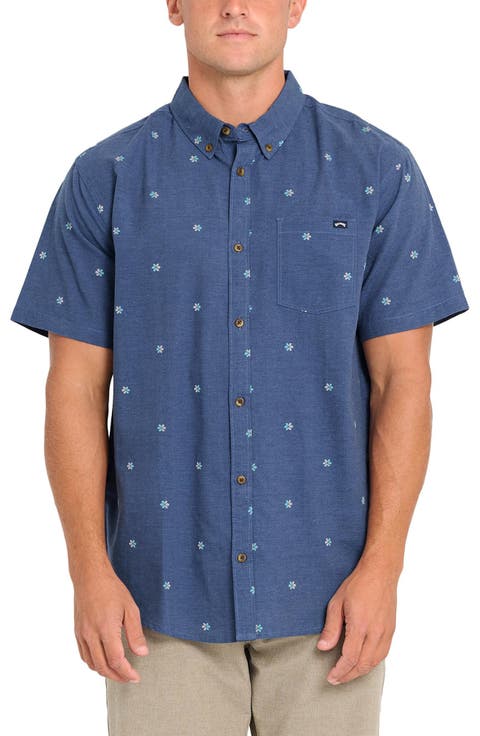 All Day Geo Jacquard Short Sleeve Cotton Blend Button-Down Shirt