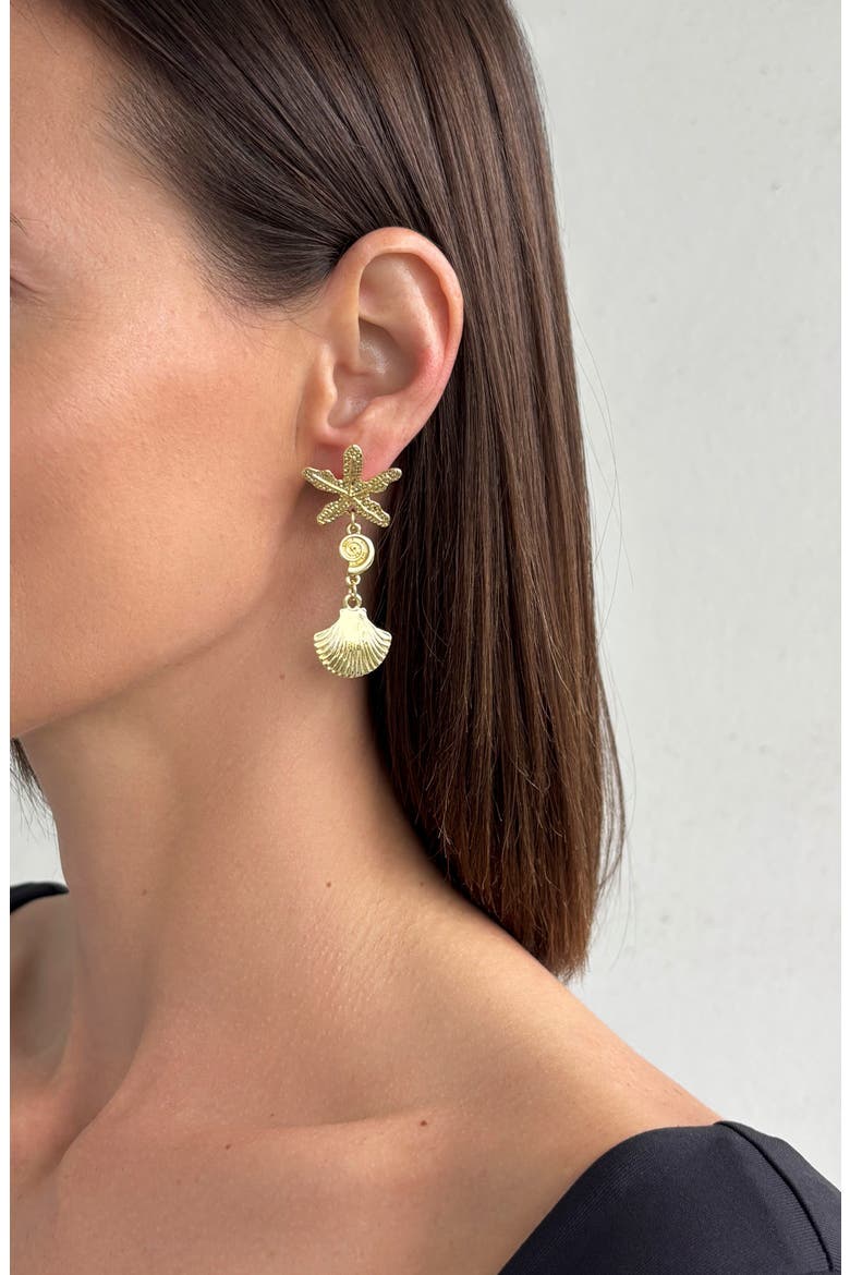 Starfish & Shell Mismatched Drop Earrings, Alternate, color, GOLD