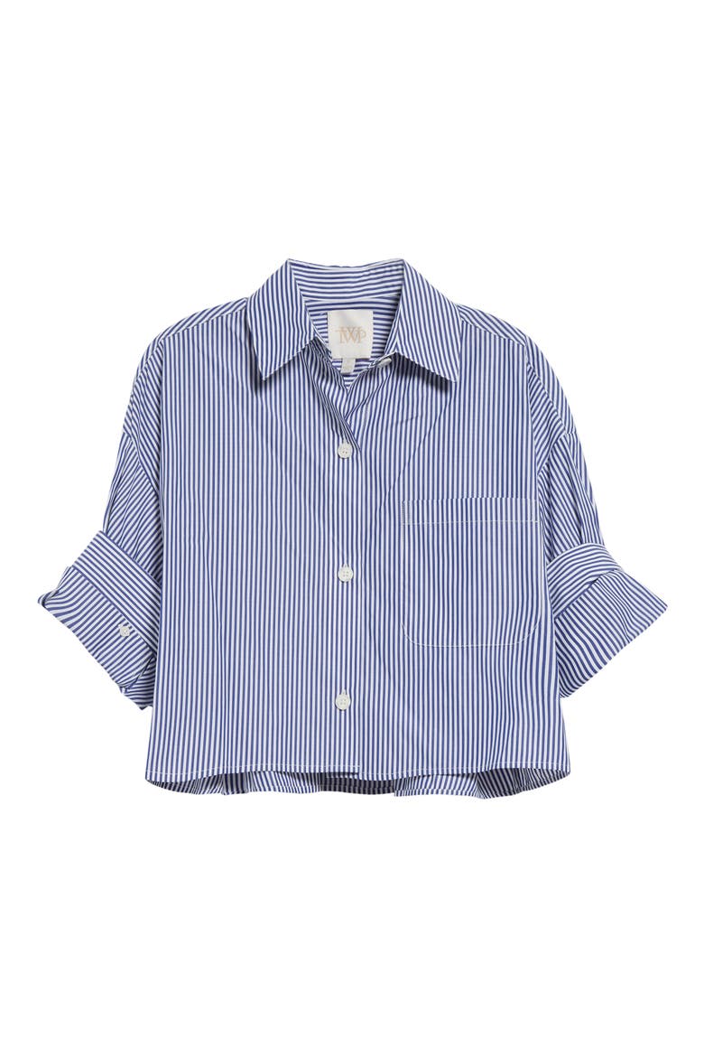 Next Ex Stripe Cotton Button-Up Crop Shirt, Alternate, color, WHITE / INDIGO