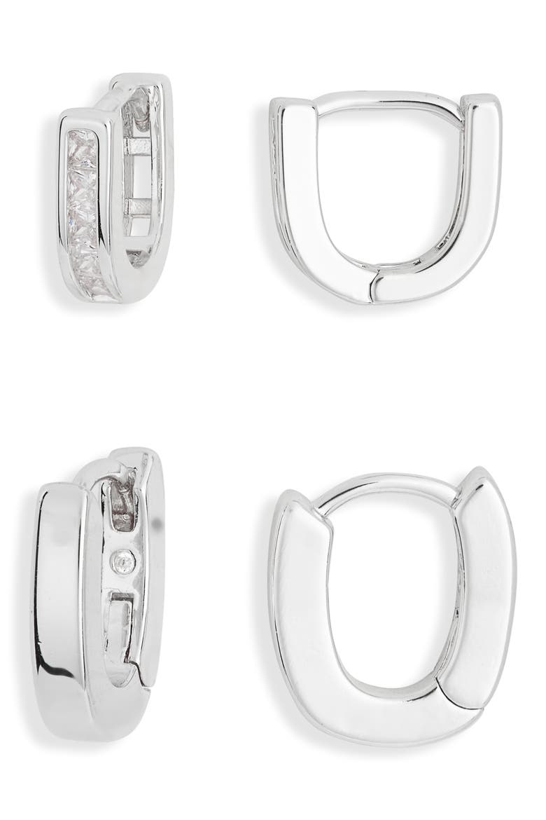 Set of 2 Inset Hoop Earrings, Main, color, CLEAR- SILVER