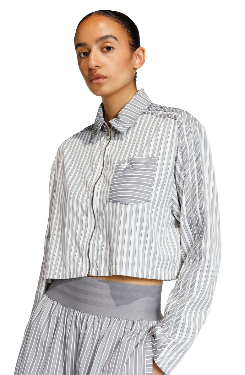 adidas Originals Stripe Crop Zip-Up Shirt, Alternate, color, Grey Three/ Utility Black