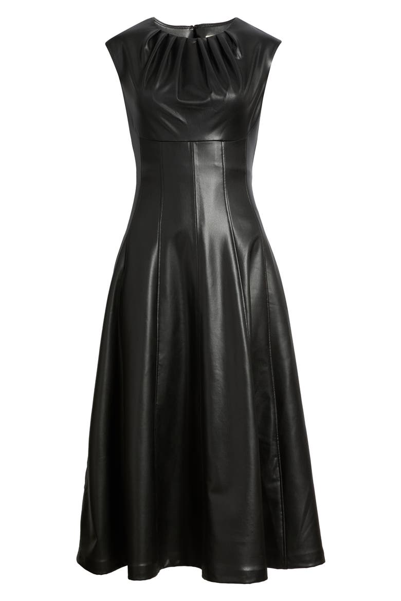 Pleated Neck Faux Leather A-Line Midi Dress, Main, color, ANNE BLACK