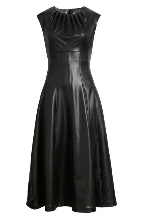 Pleated Neck Faux Leather A-Line Midi Dress