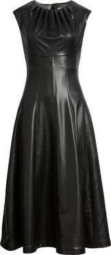 Anne Klein Pleated Neck Faux Leather A-Line Midi Dress