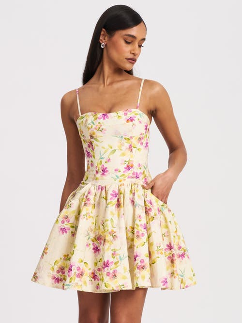 Miss Circle Women Valda Yellow And Pink Print Linen Mini Dress With Pockets In Multi