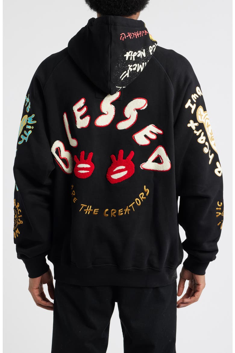 Blessed Emroidered Cotton Pullover Hoodie, Alternate, color, BLACK