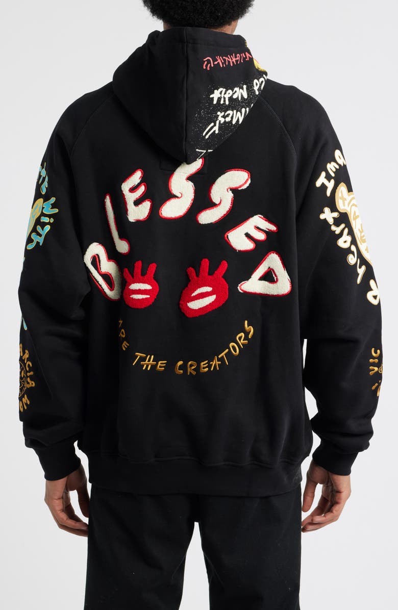VIC GARCIA WORLD Blessed Emroidered Cotton Pullover Hoodie, Alternate, color, Black