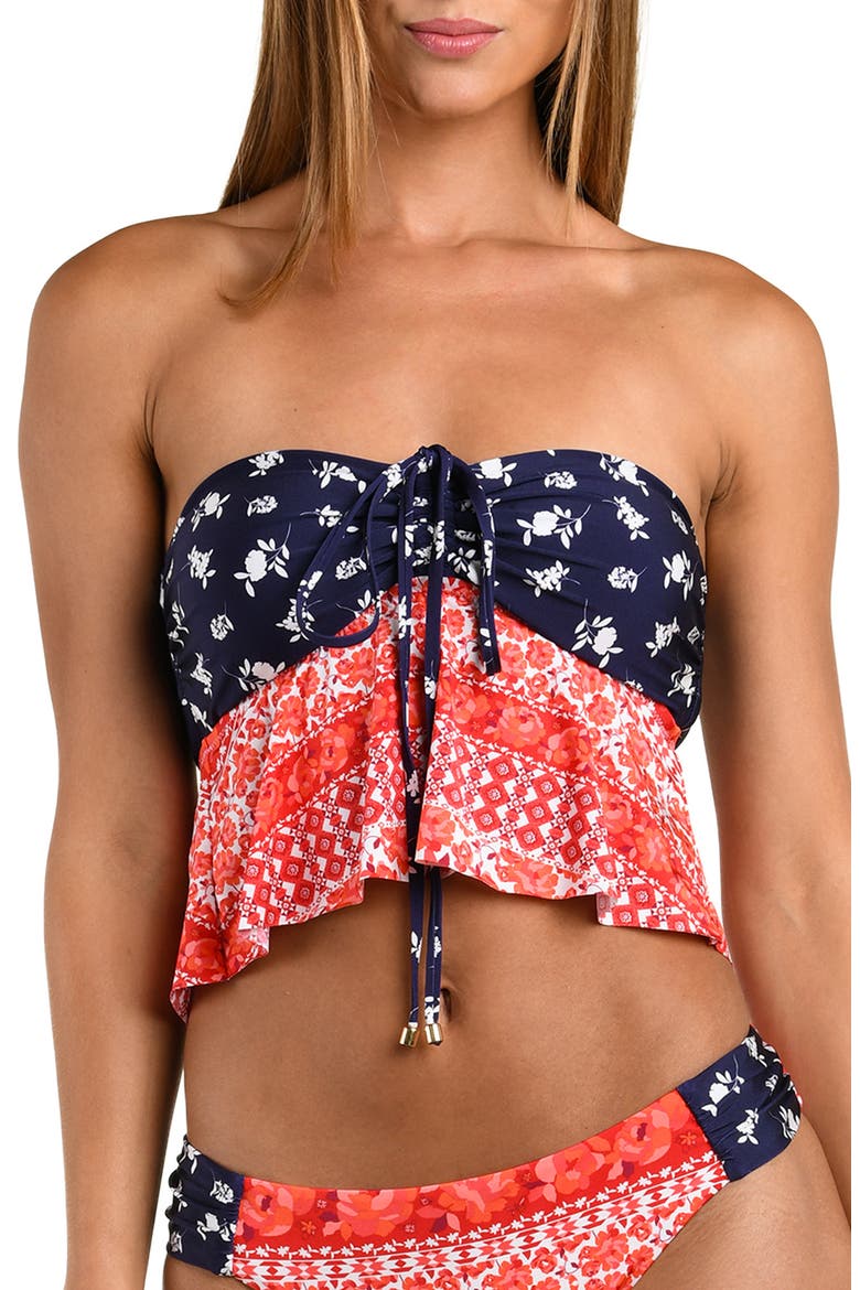 Flowers & Stripes Halter Bandeau Tankini Top, Alternate, color, RED MULTI
