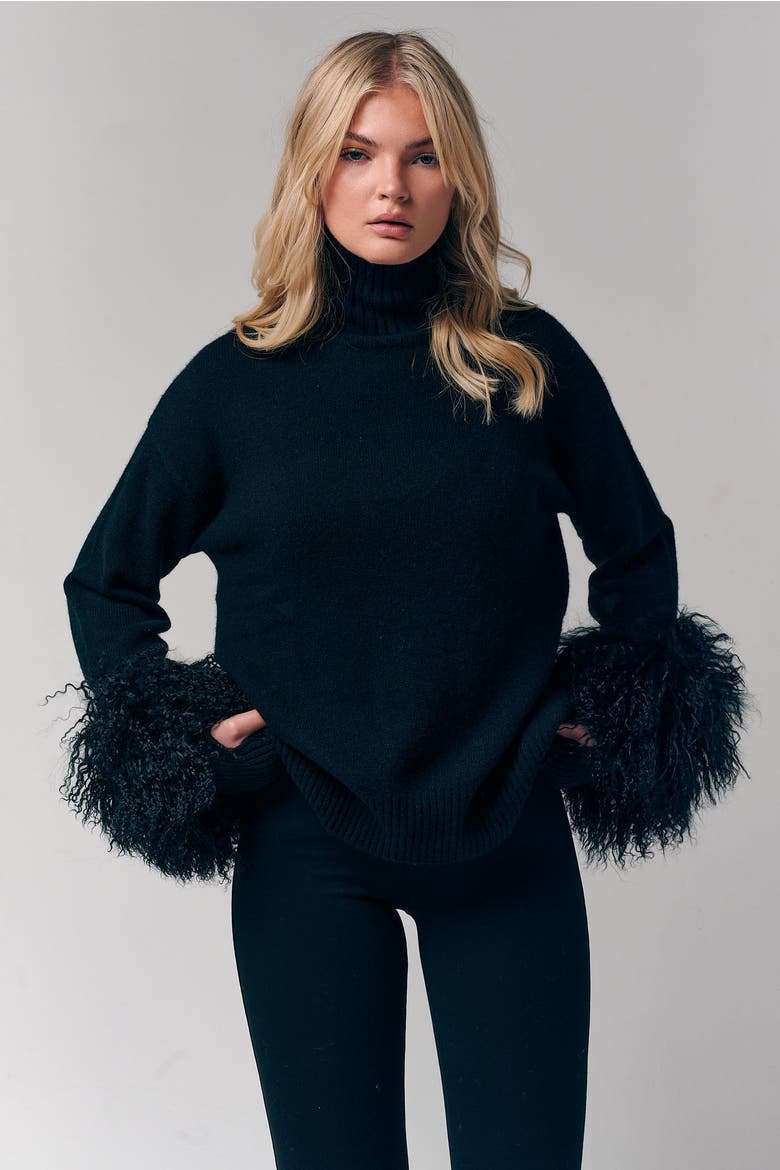 Mongolian Shearling Cuffs Cashmere Sweater, Alternate, color, Black