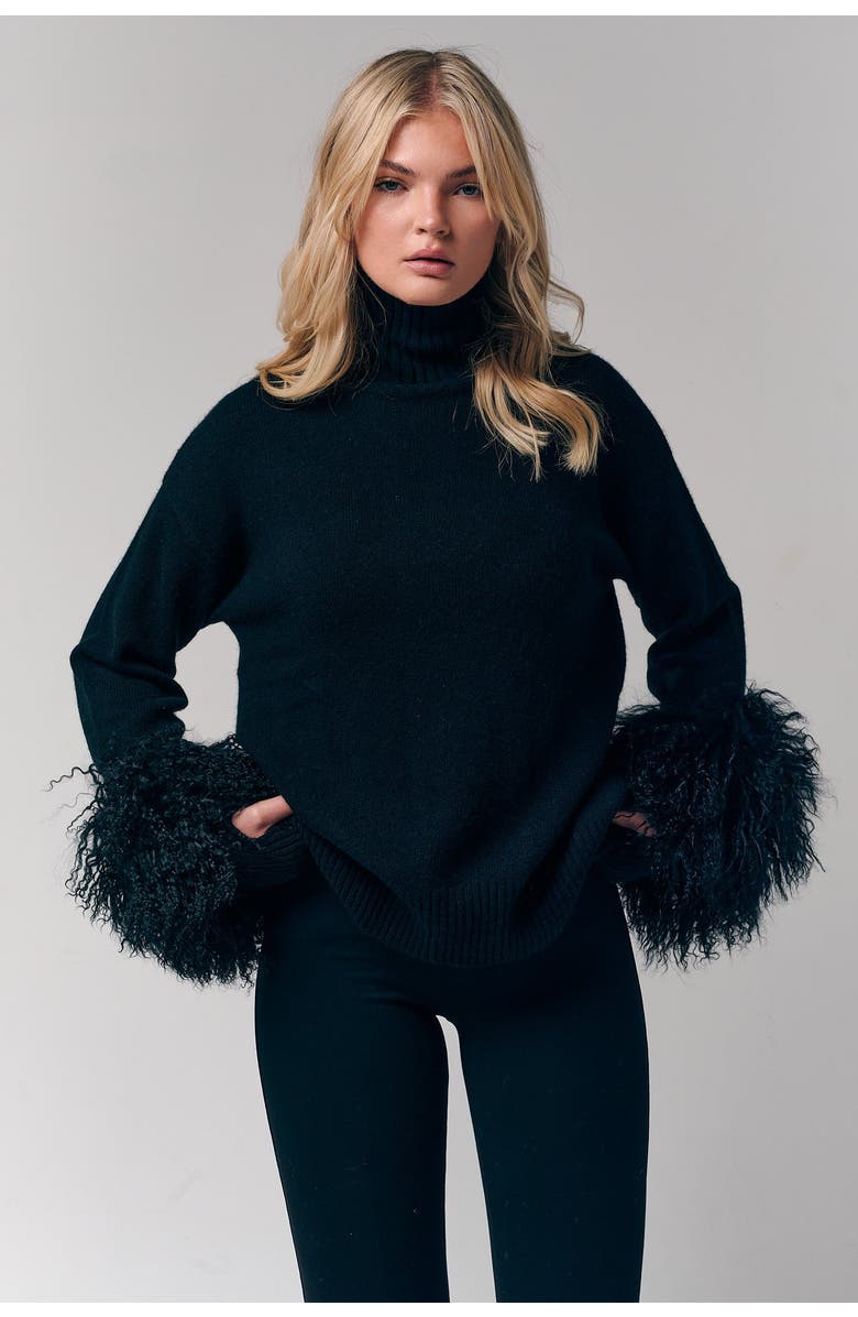 Le Fafo Mongolian Shearling Cuffs Cashmere Sweater, Alternate, color, Black