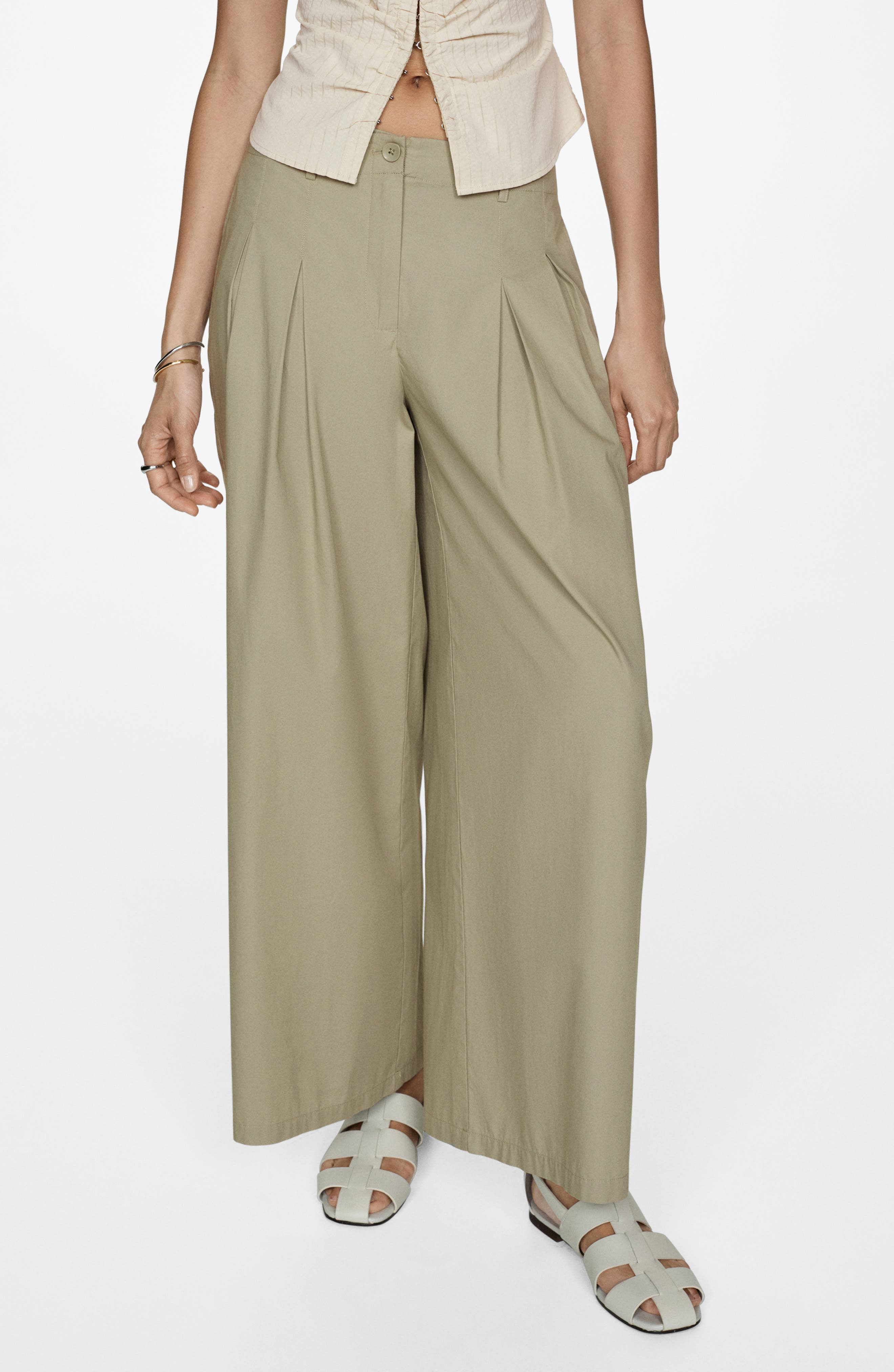 MANGO Pleated Cotton Wide Legs Pants