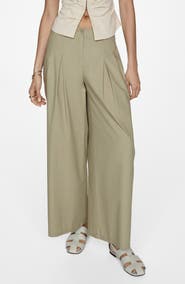MANGO Pleated Cotton Wide Legs Pants