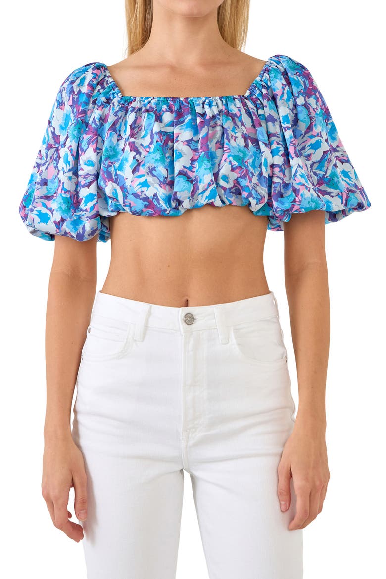 Floral Puff Sleeve Crop Top, Main, color, BLUE MULTI