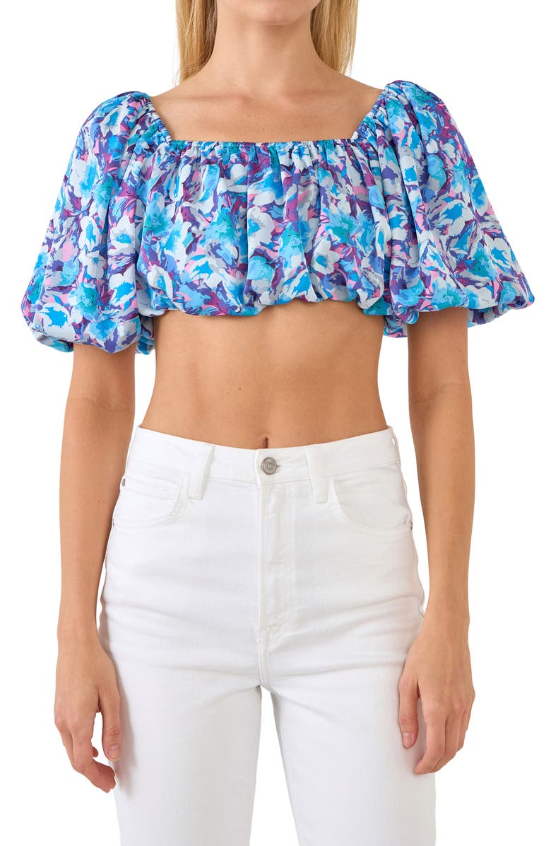 Endless Rose Floral Puff Sleeve Crop Top, Main, color, Blue Multi