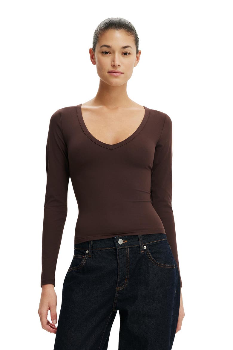 Women's Hold Me V Neck Long Sleeve, Alternate, color, Dark Oak