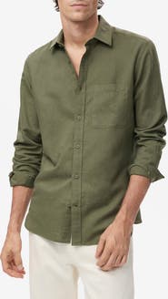 MANGO Linen & Cotton Blend Button-Up Shirt