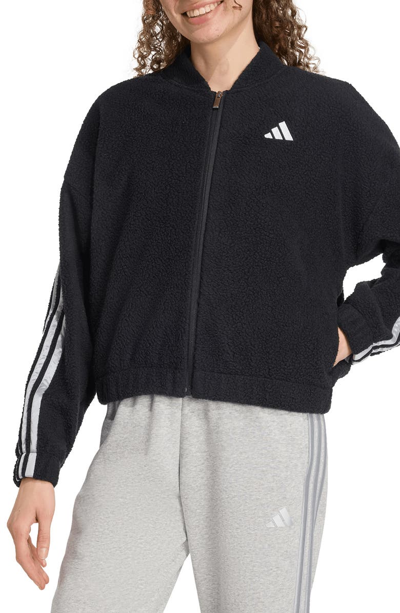 adidas Fleece Zip Jacket, Main, color, Black/ Silver Metallic