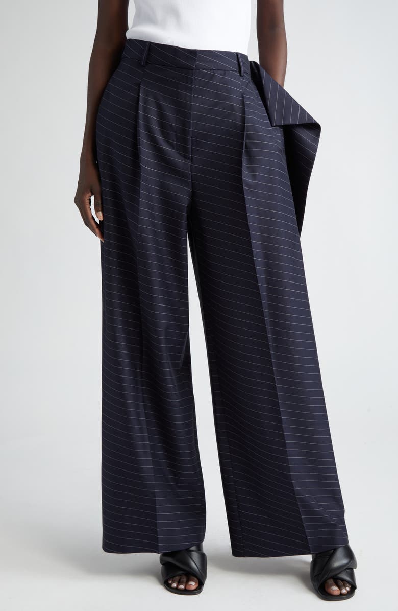 JW Anderson Pinstripe Drape Detail Wool Blend Trousers, Main, color, 