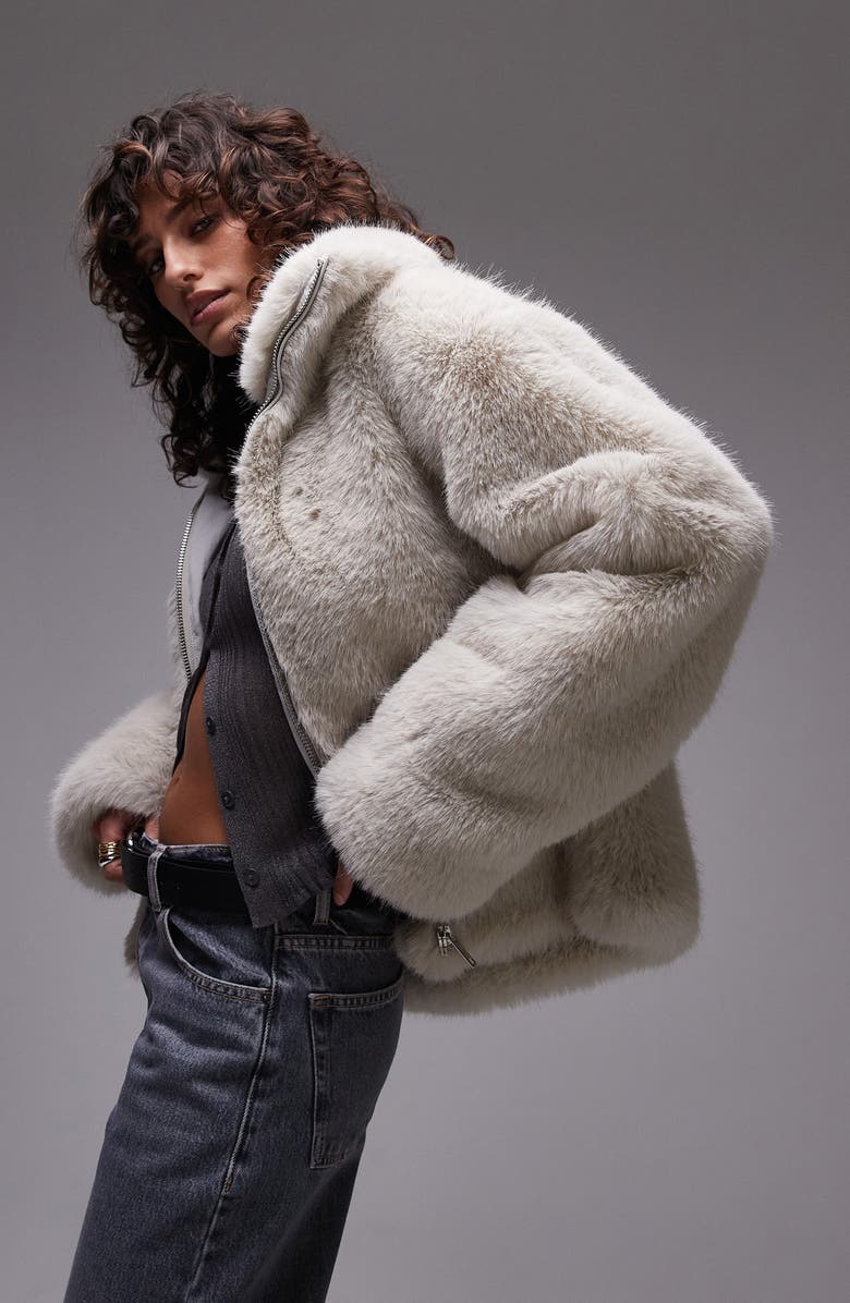 Topshop Zip Front Faux Fur Coat, Alternate, color, 