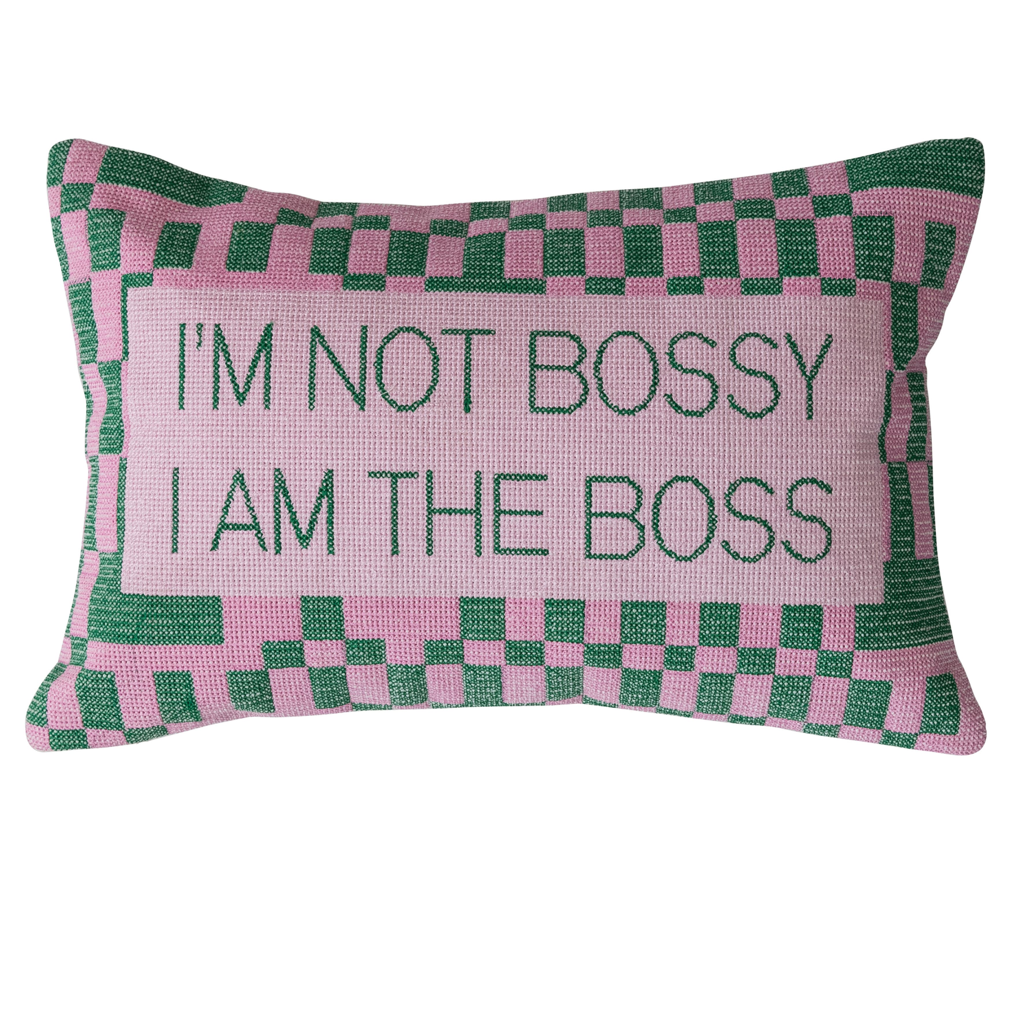 Storied Home Cotton Velvet Embroidered Lumbar Pillow With Check Pattern "i'm Not Bossy...", Pink And
