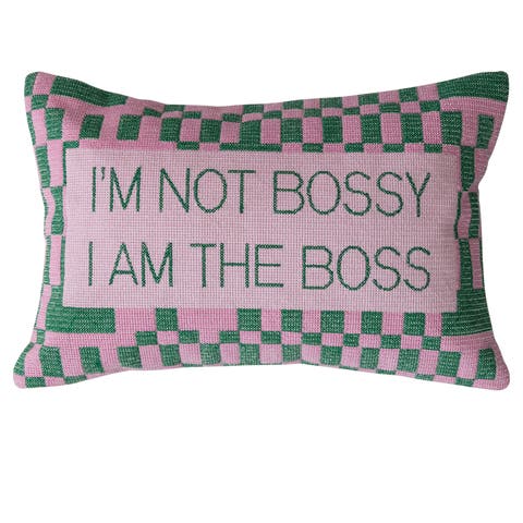 Cotton Velvet Embroidered Lumbar Pillow with Check Pattern "I'm Not Bossy...", Pink and Green