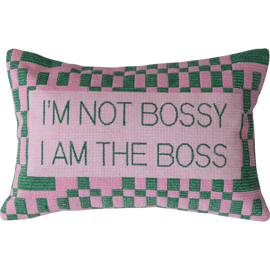 Storied Home Cotton Velvet Embroidered Lumbar Pillow With Check Pattern "i'm Not Bossy...", Pink And