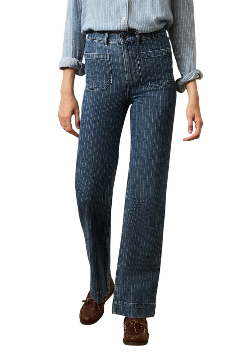 Sunwashed Striped High Waist Patch Pocket Straight Leg Jeans, Main, color, DUSK STRIPE WASH