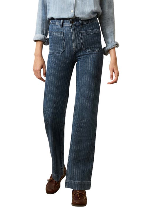 Sunwashed Striped High Waist Patch Pocket Straight Leg Jeans