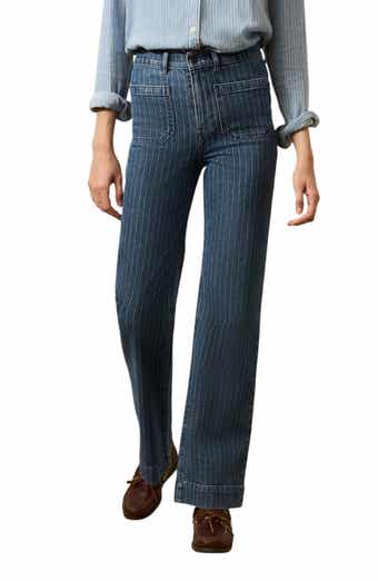 Sunwashed Striped High Waist Patch Pocket Straight Leg Jeans