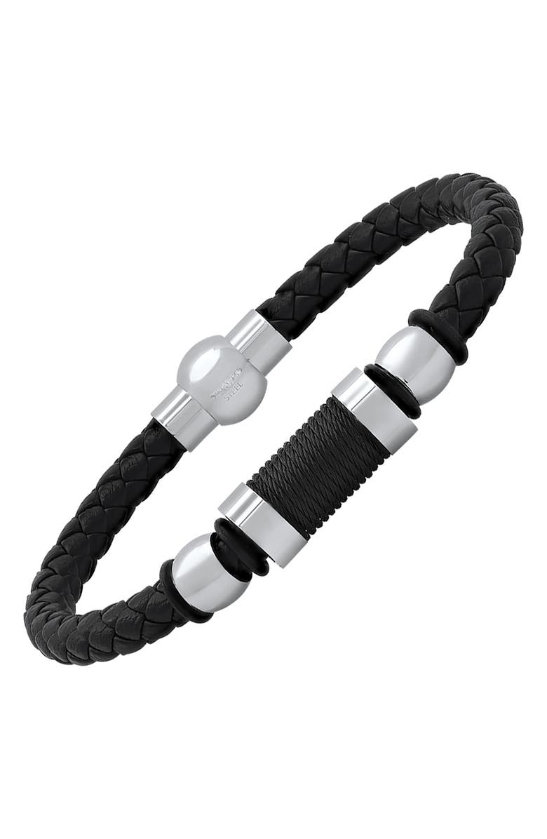 HMY JEWELRY Men's Stainless Steel & Braided Leather Bracelet, Alternate, color, Black-Metallic