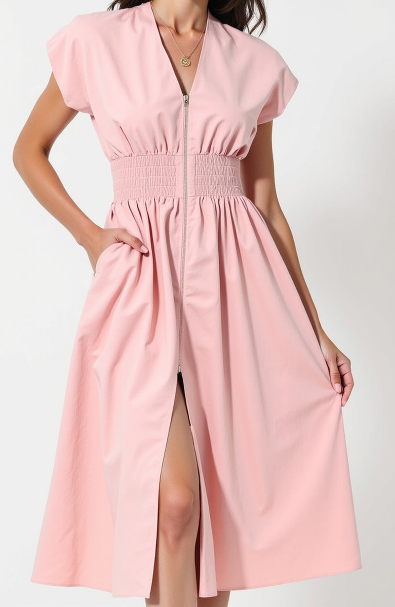 Modenaire Cap Sleeve Midi Dress with Smocked Waist Front Zip and Side Pockets, Alternate, color, Pink