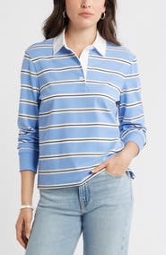 Caslon® Stripe Long Sleeve Rugby Polo