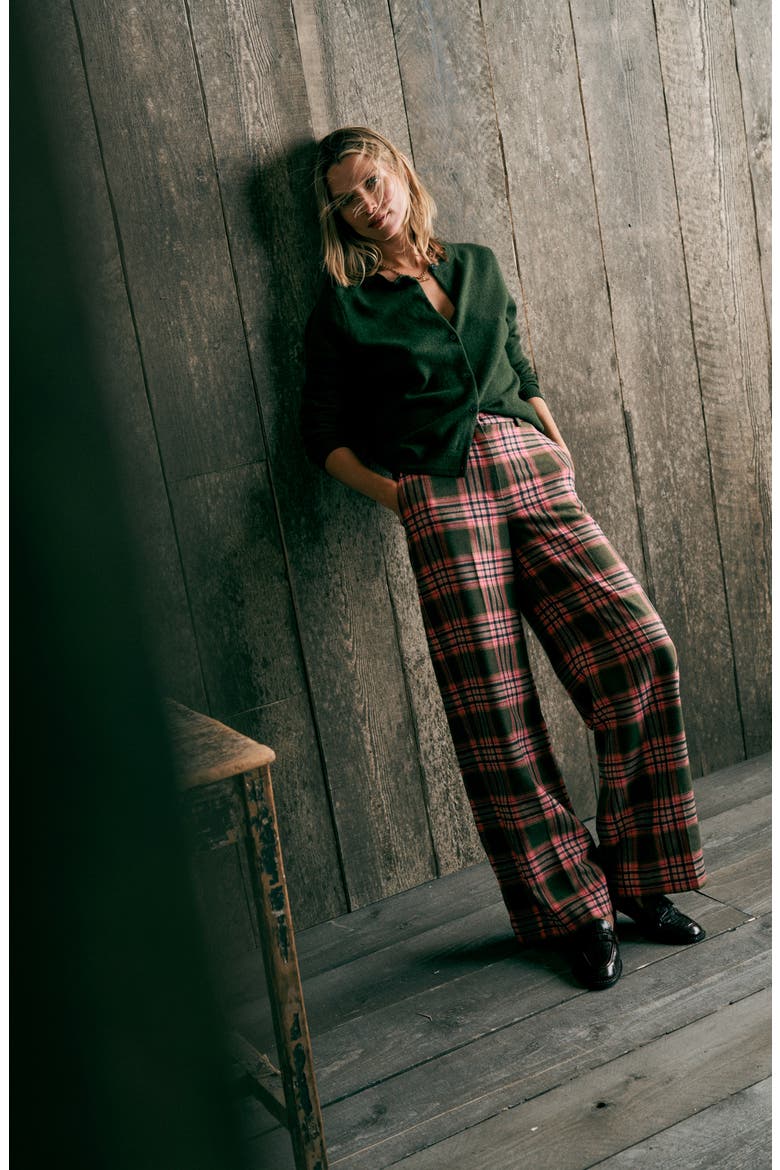 Belgravia Plaid Wide Leg Pants, Alternate, color, OLIVE GREEN/ PINK CHECK