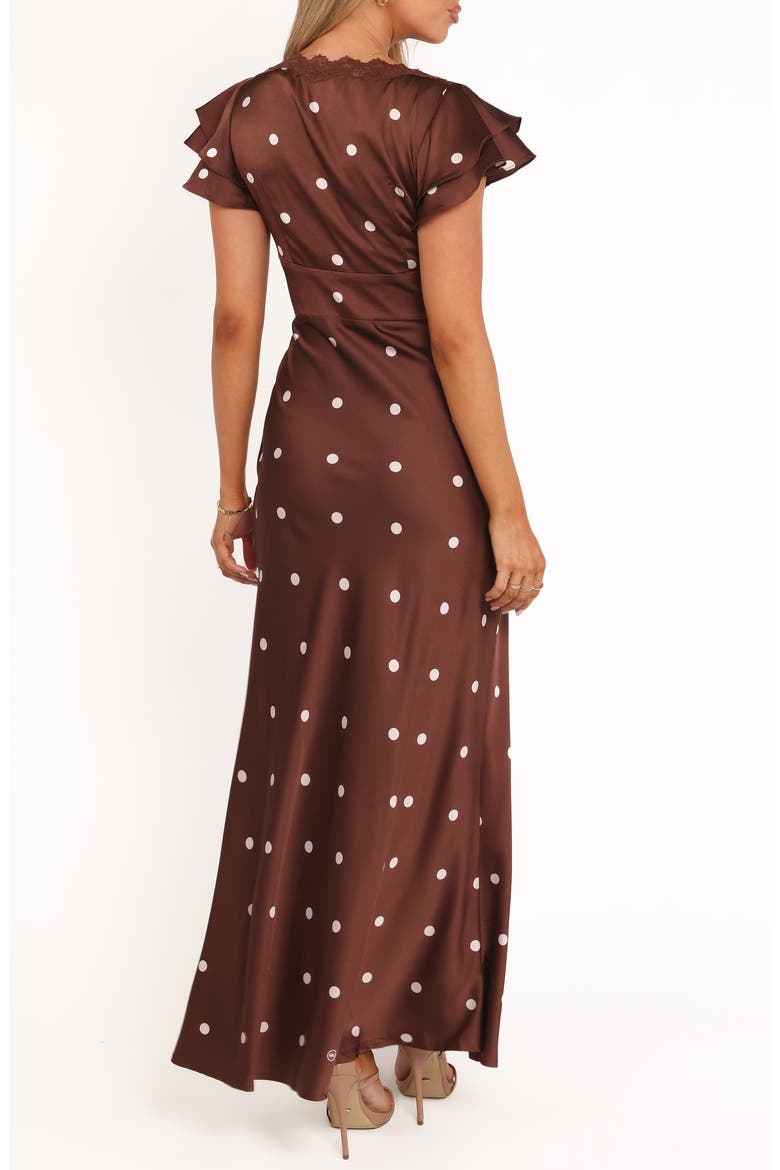 Arella Dot Satin Maxi Dress, Alternate, color, BROWN POLKA DOT