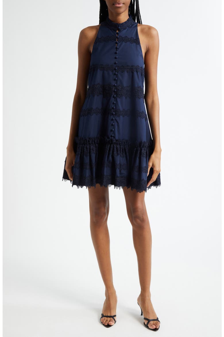 Malena Lace Detail Stretch Cotton Trapeze Minidress, Main, color, NAVY