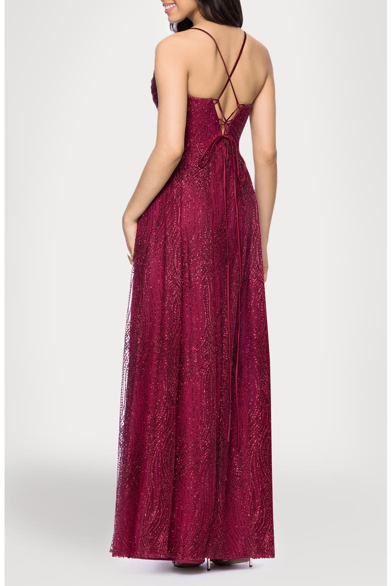 Glitter Drape Lace-Up Gown, Alternate, color, WINE