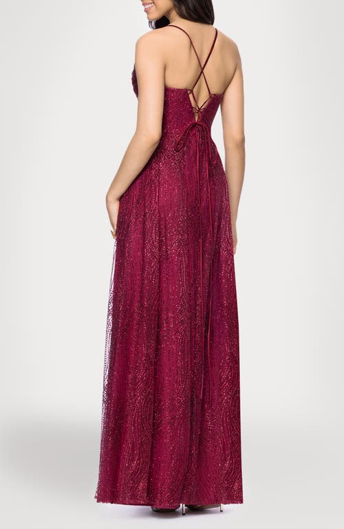 Blondie Nites Glitter Drape Lace-up Gown In Burgundy