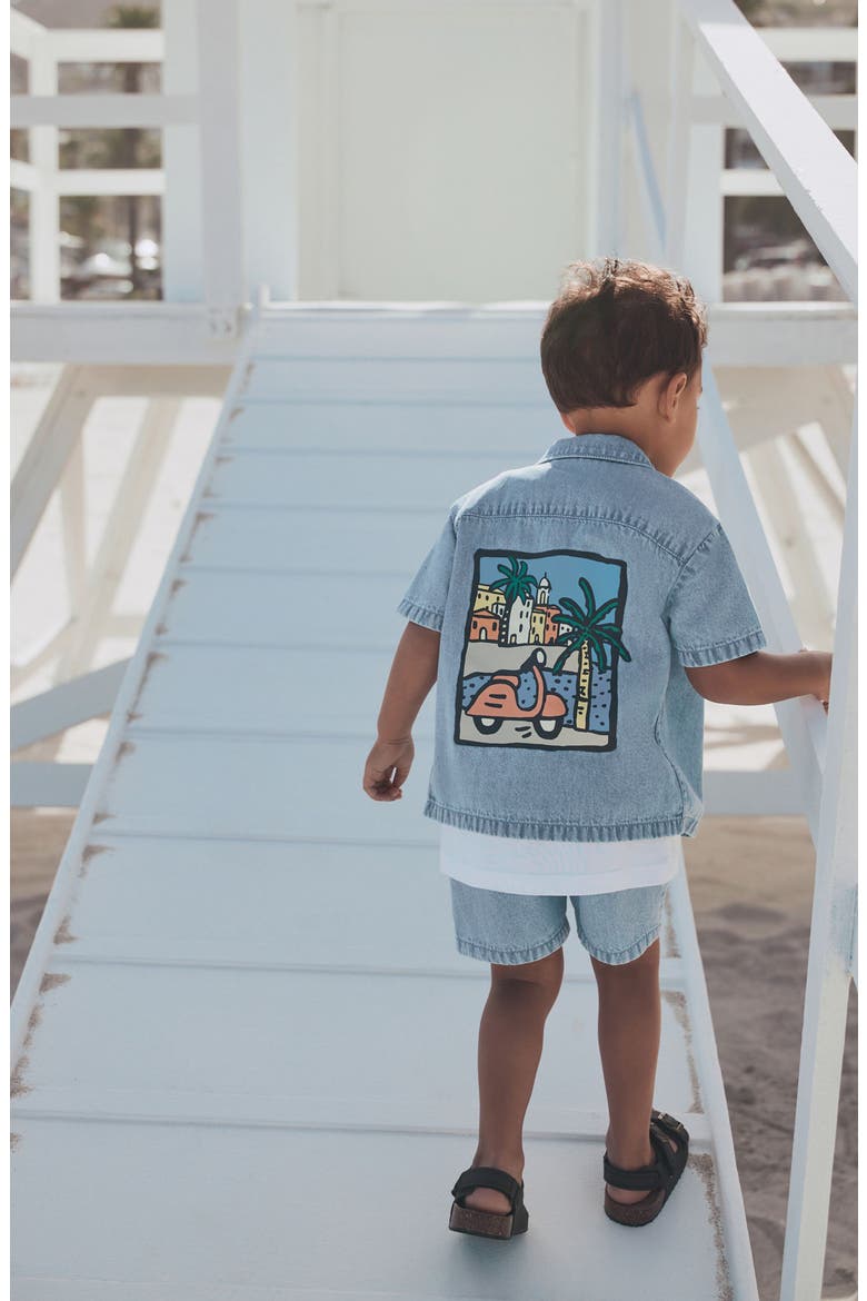 Kids' Graphic Denim Button-Up Top & Shorts Set, Alternate, color, BLUE