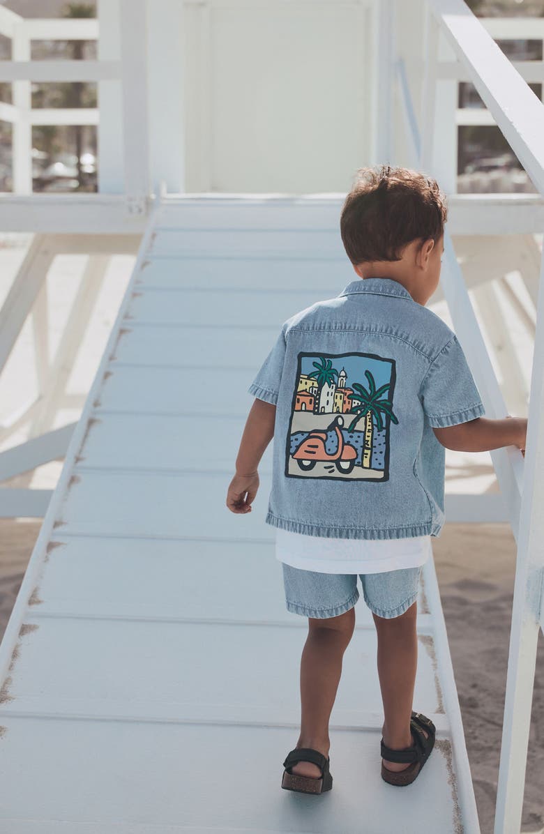 NEXT Kids' Graphic Denim Button-Up Top & Shorts Set, Alternate, color, Blue
