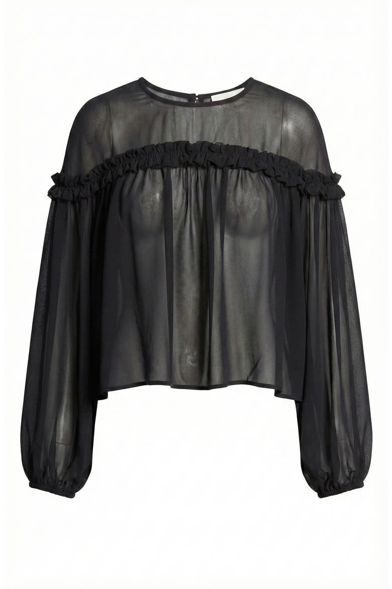 Sheer Long Sleeve Blouse with Ruffled Trim and Flowing Silhouette, Alternate, color, Black