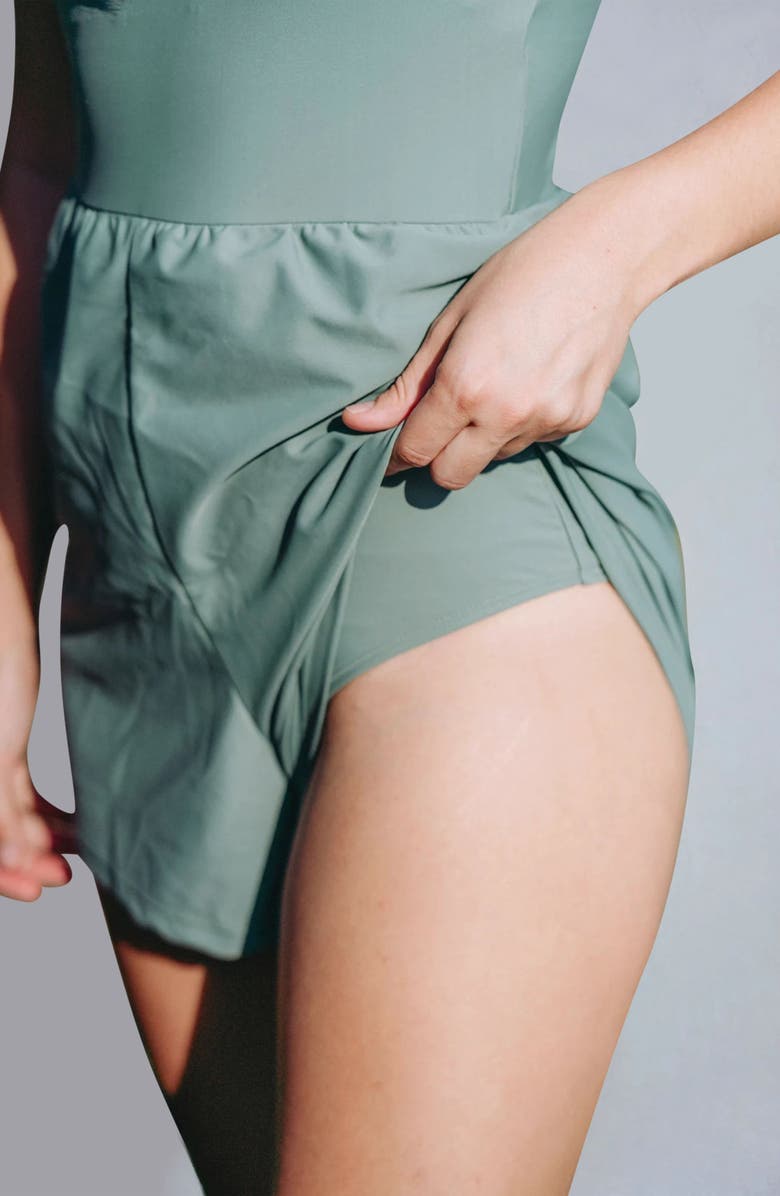 Calysa Plus Size Ivy Short Swim Romper With Built-In Bra and Hidden Shorts, Alternate, color, Sage Green