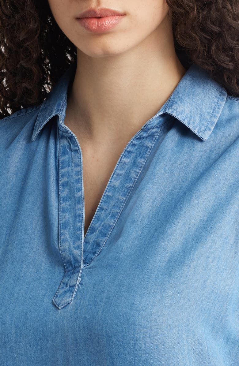 beachlunchlounge Jinni Split Neck Sleeveless Denim Shift Dress, Alternate, color, Medium Wash