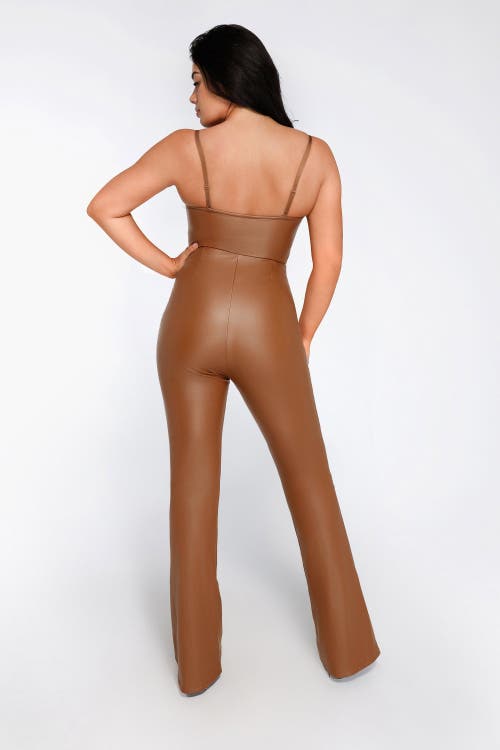 Popilush Shapewear Faux Leather Corset Bodice Slimming Jumpsuit In Saddle Brown